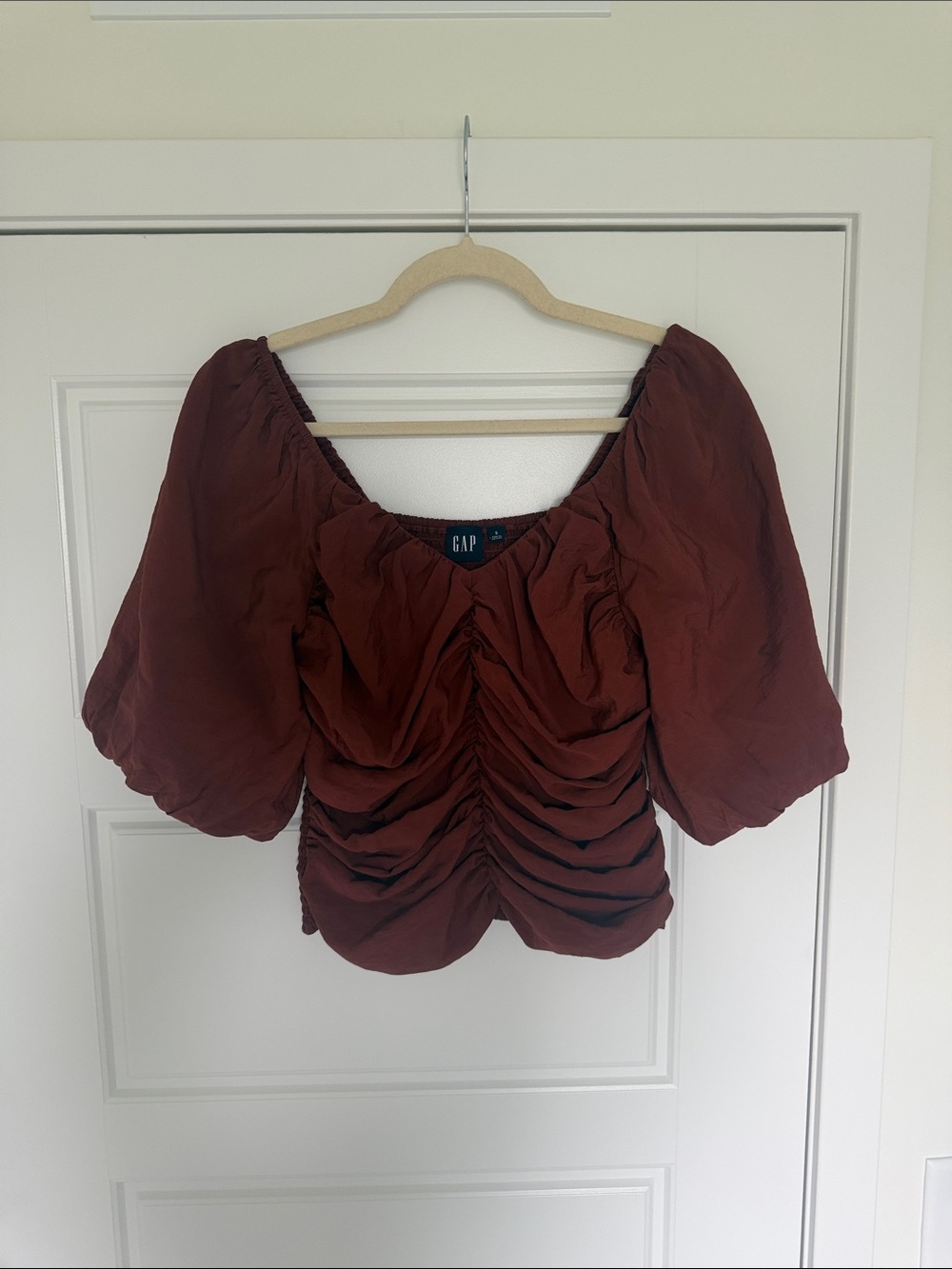 GAP Rust Ruched Puff Sleeve Square Neck Top